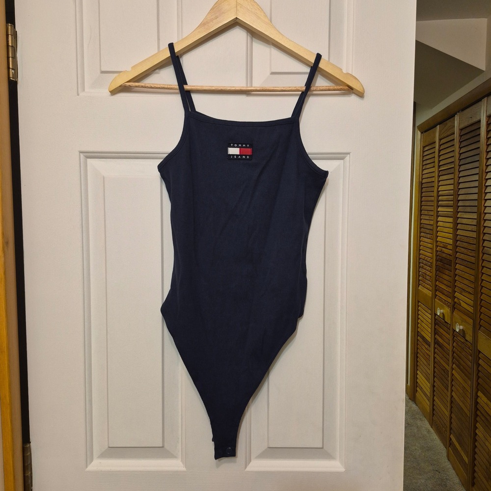 Tommy Jeans Womens Navy Blue Ribbed Knit Cami Bodysuit Square Neck Small